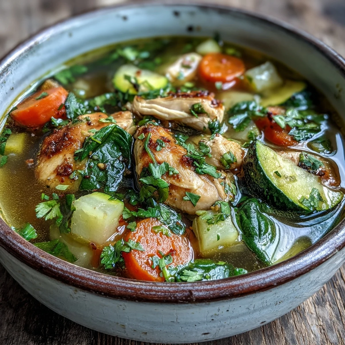A close-up of golden Turmeric Chicken Soup with tender chicken and wilted spinach.