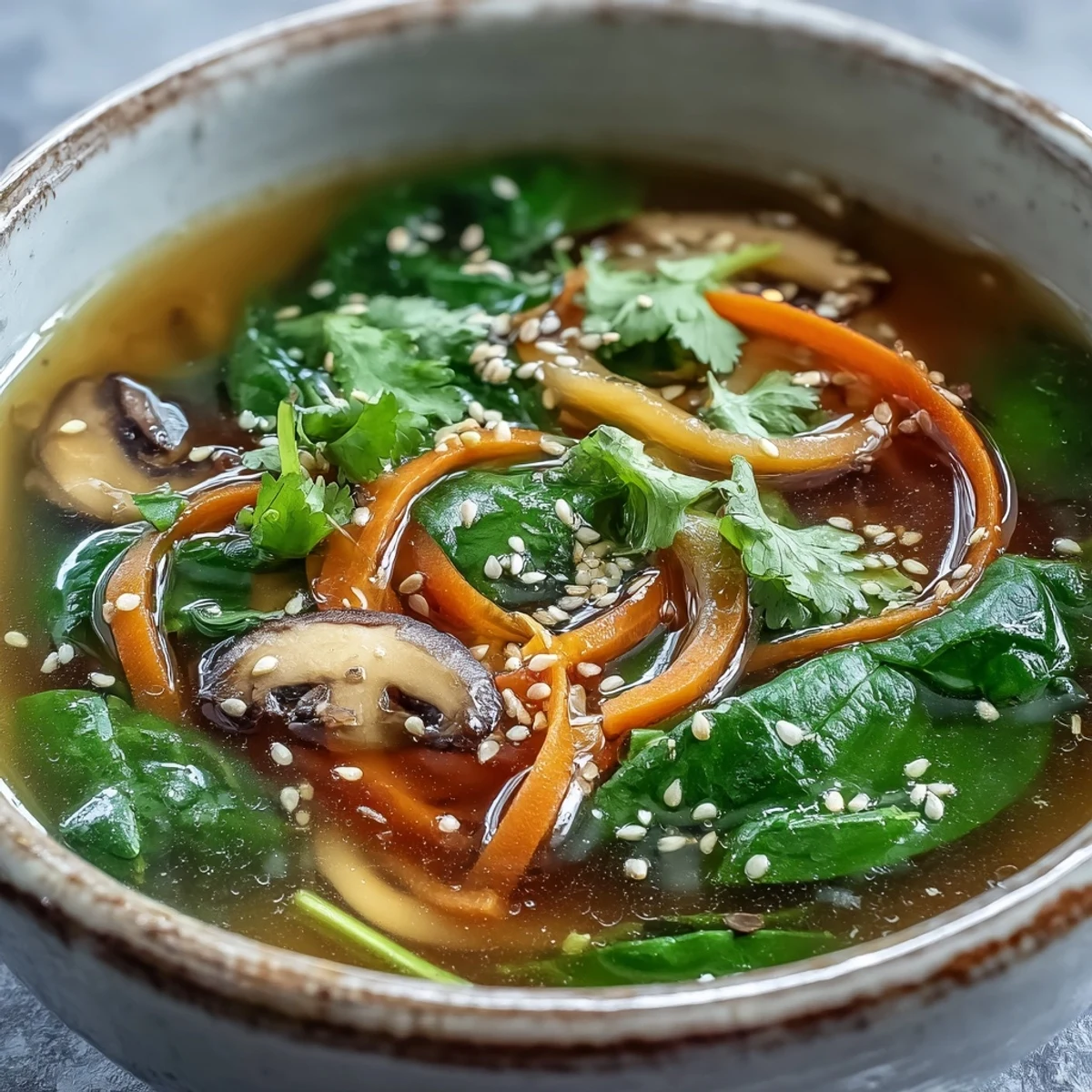 Steaming bowl of Miso Ginger Winter Soup topped with sesame seeds and cilantro.