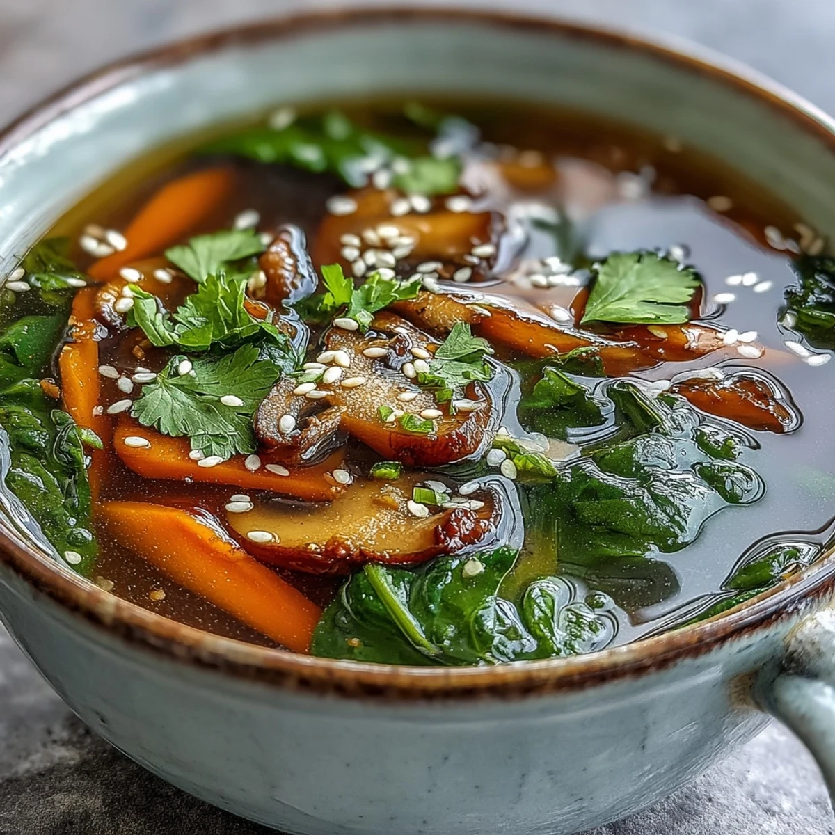 Restorative Miso Ginger Winter Soup with wilted spinach and a drizzle of chili oil.