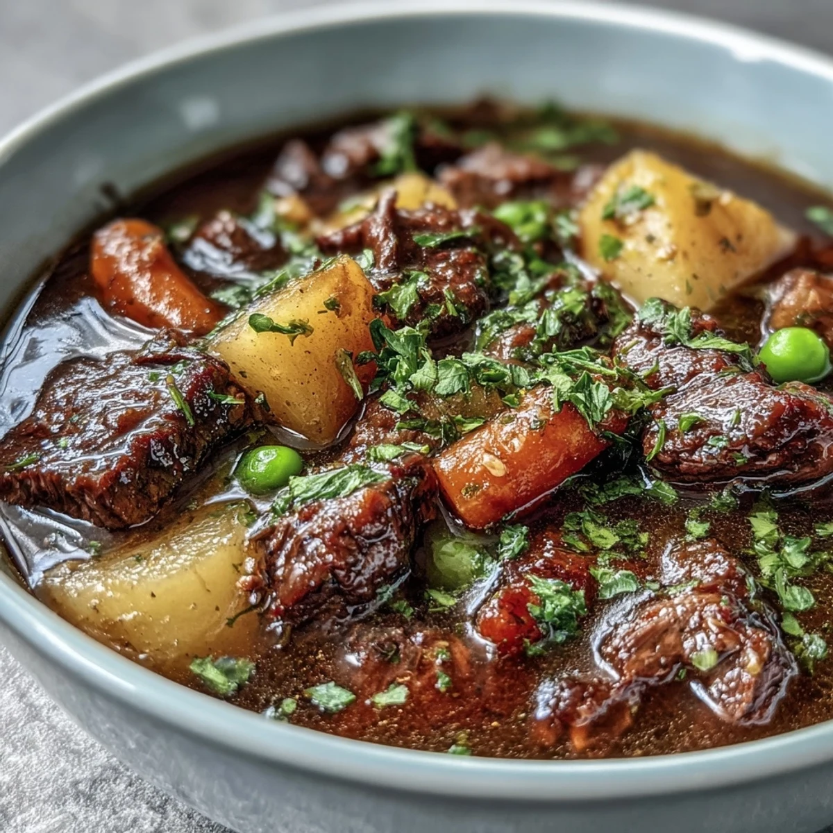 A rustic Dutch oven of Beef and Vegetable Soup with fresh parsley garnish, served alongside crusty bread on a wooden table.