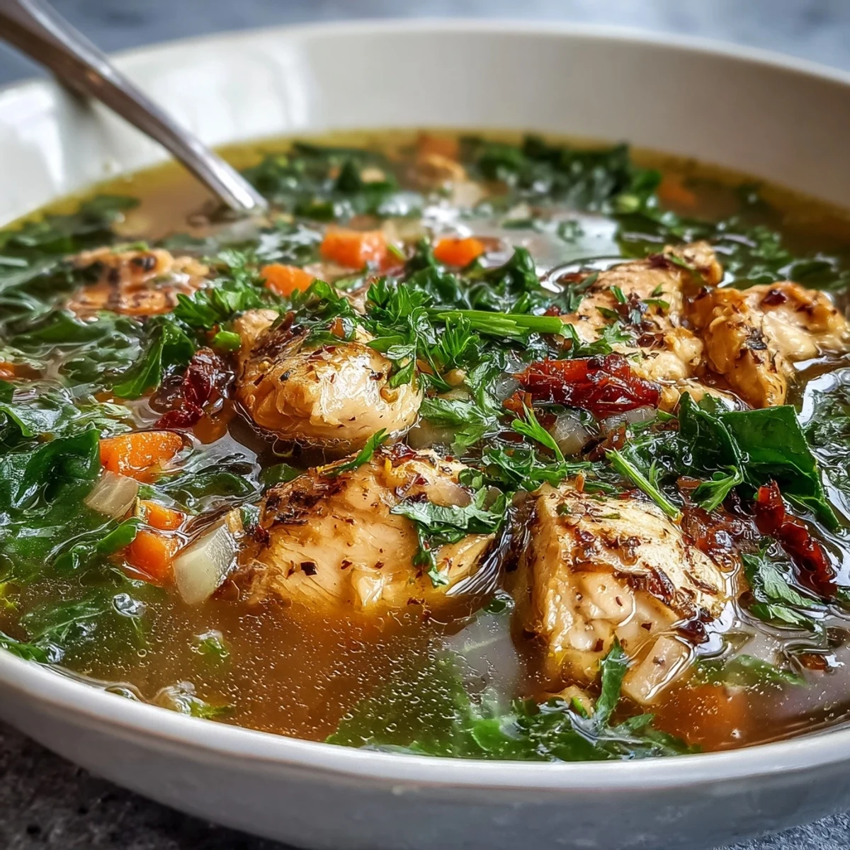 A steaming bowl of High Protein Lemon and Turmeric Chicken Soup garnished with lemon wedges.