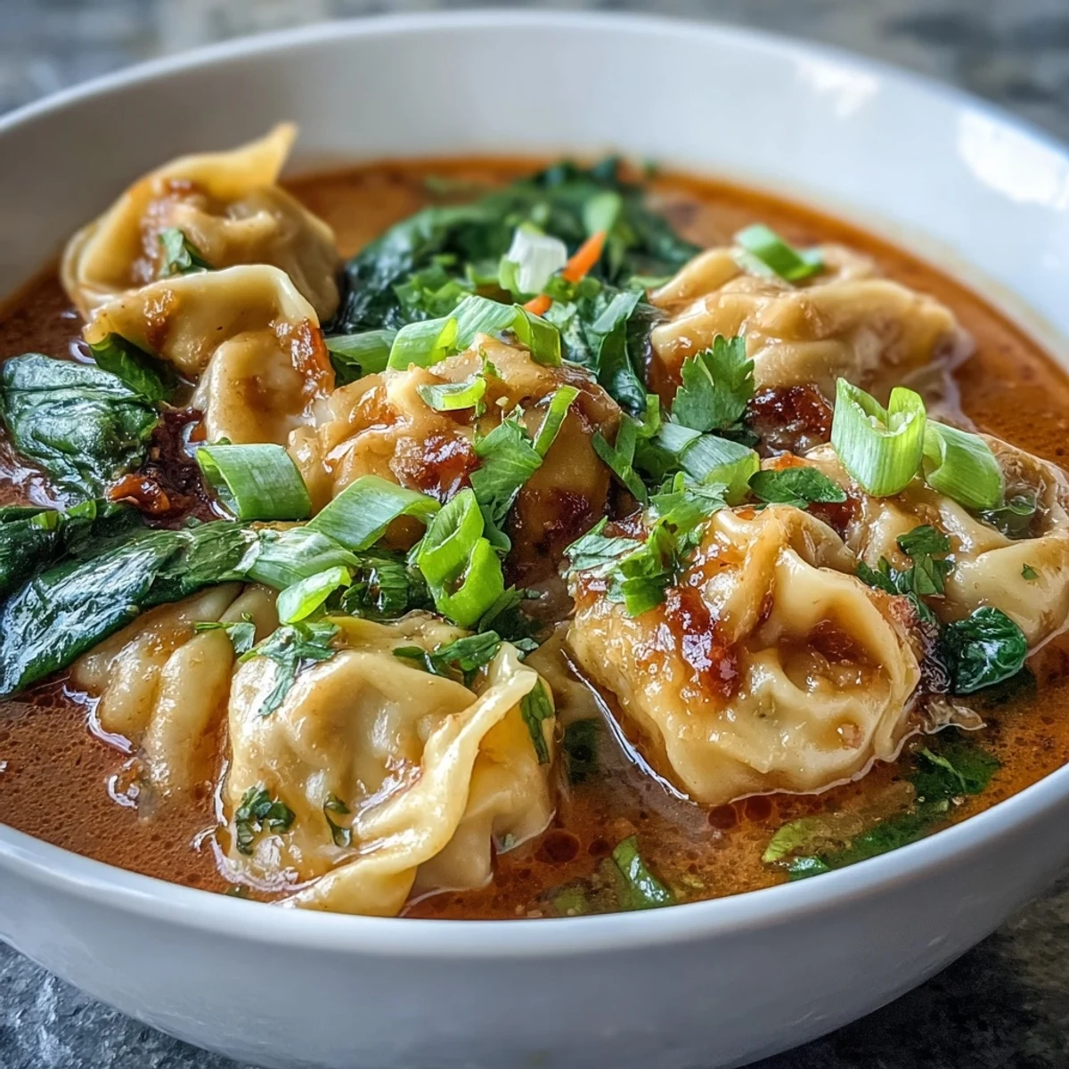 A close-up of Red Curry Wonton Soup With Greens, featuring wontons swimming in rich coconut broth.