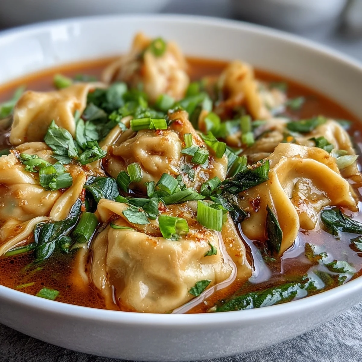Fragrant Red Curry Wonton Soup With Greens steaming in a white bowl, garnished with cilantro and lime.