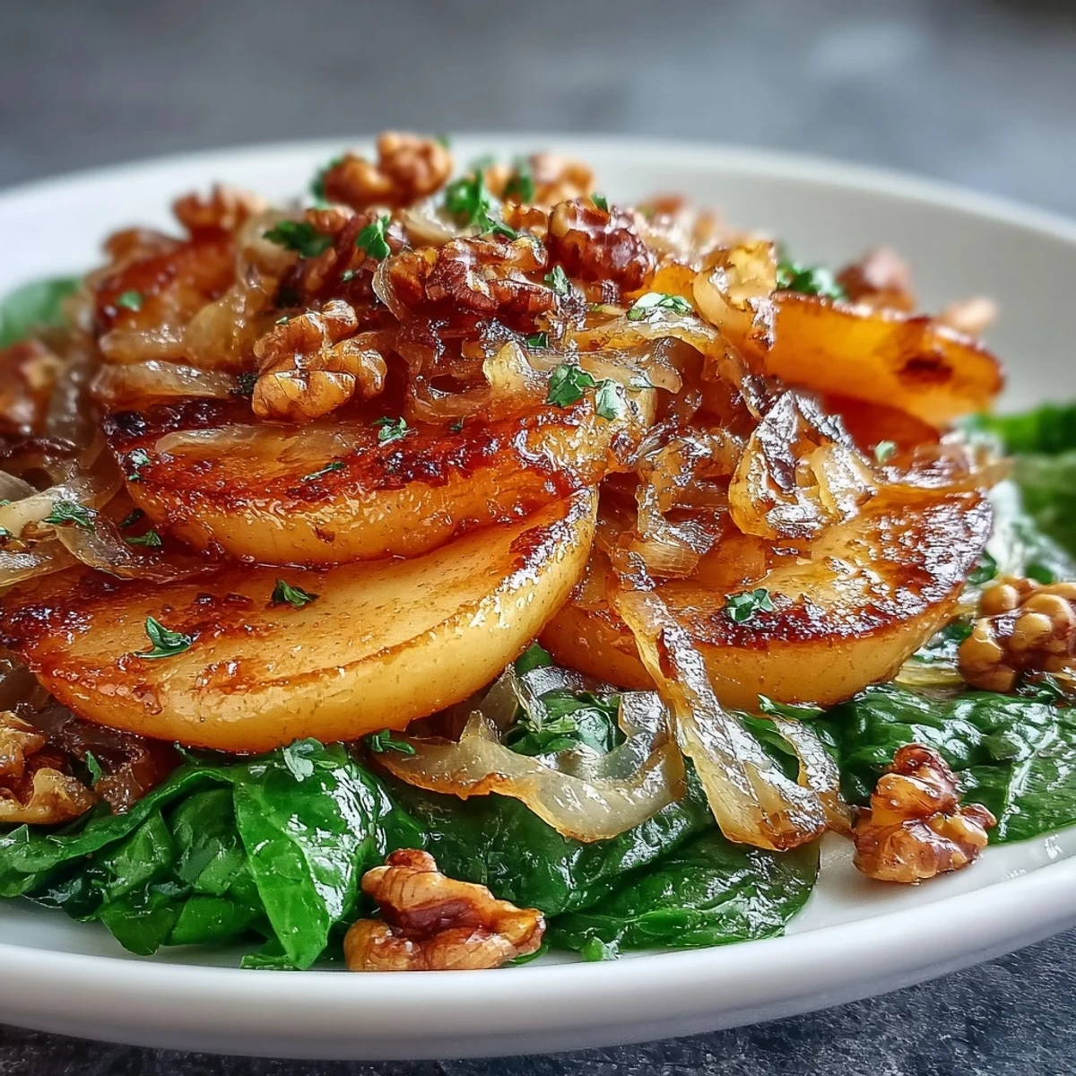 Golden, caramelized apples and warm sauerkraut fill a skillet, topped with crunchy toasted walnuts for this savory Warm Apple and Sauerkraut Skillet Salad.