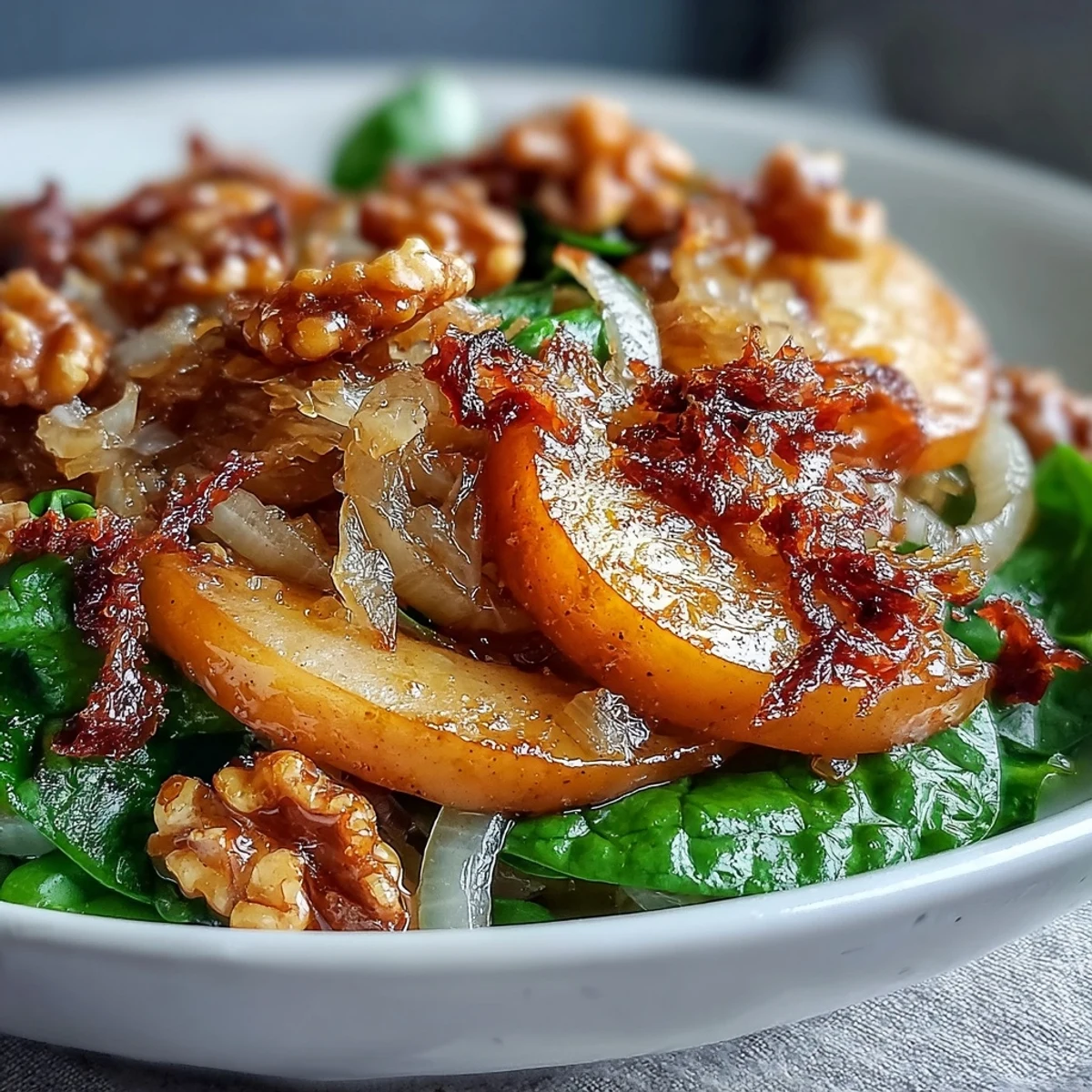 A freshly made Warm Apple and Sauerkraut Skillet Salad served warm on a platter with vibrant greens and a drizzle of maple glaze.
