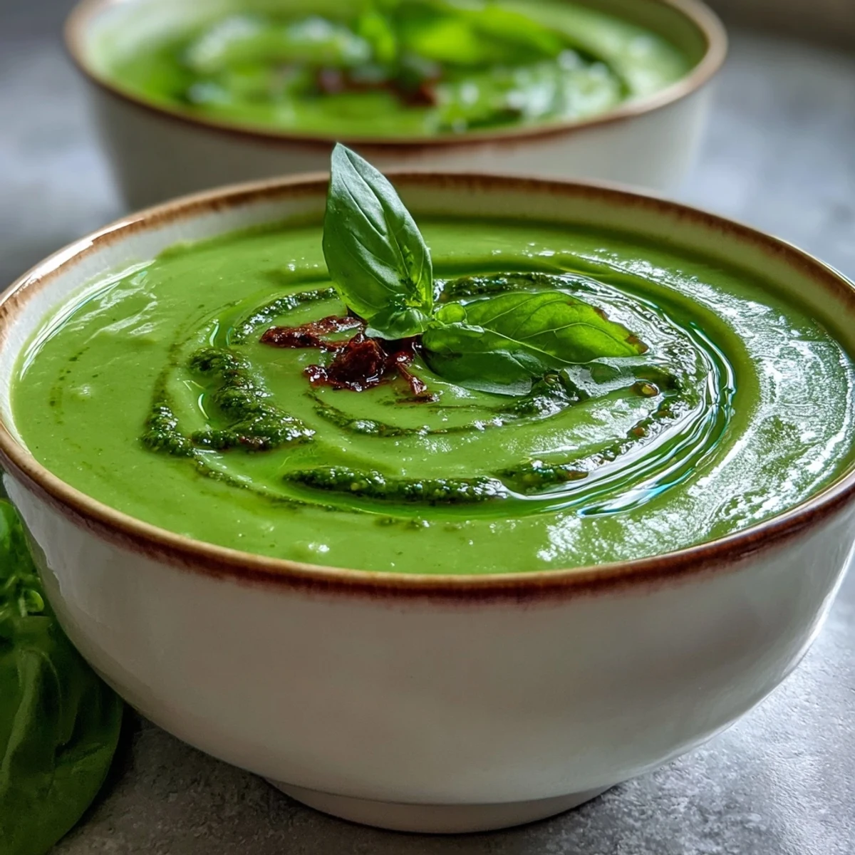 Steaming bowl of Courgette, Pea and Pesto Soup garnished with fresh basil.