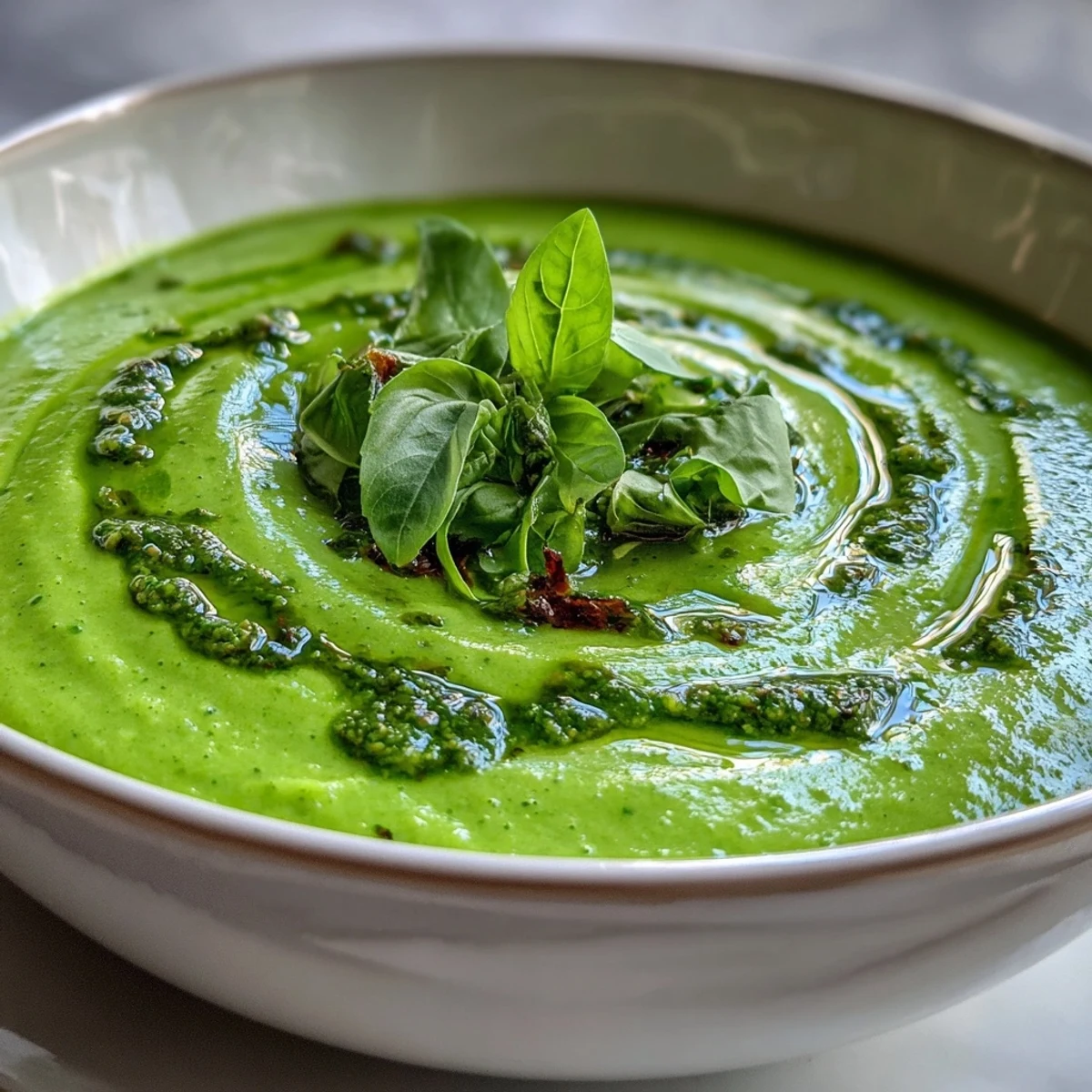 A vibrant green soup topped with pesto swirls served alongside crusty artisan bread.