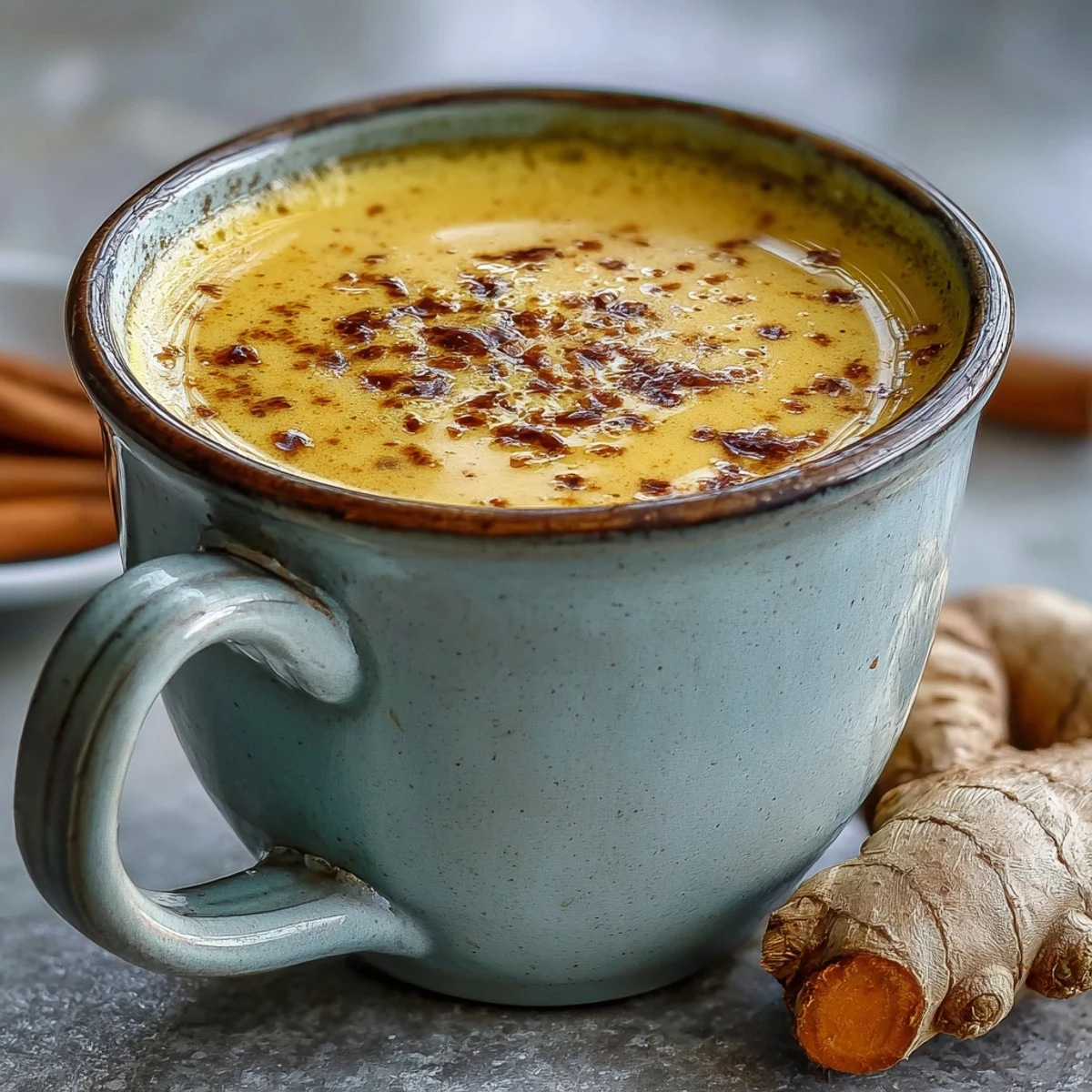 Steaming mug of Turmeric and Ginger Golden Milk with a cinnamon stick garnish, served cozy with a soft sweater sleeve visible.