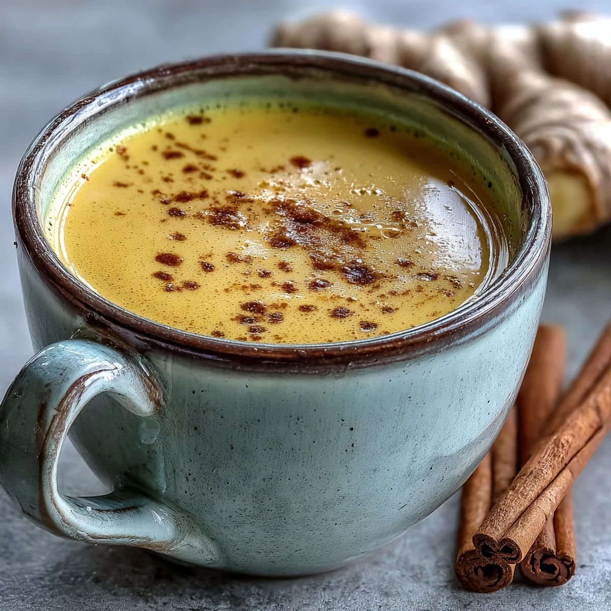 A ceramic mug of golden-hued Turmeric and Ginger Golden Milk, topped with a light dusting of cinnamon, resting on a wooden table.