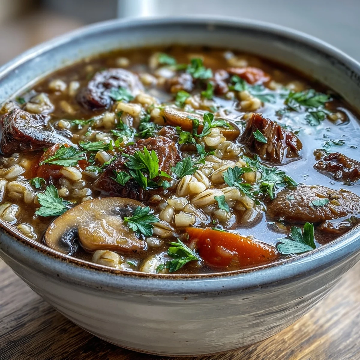 Steaming bowl of hearty Vegetable Beef, Barley, and Mushroom Soup, with tender beef chunks and diced carrots in a rich broth.