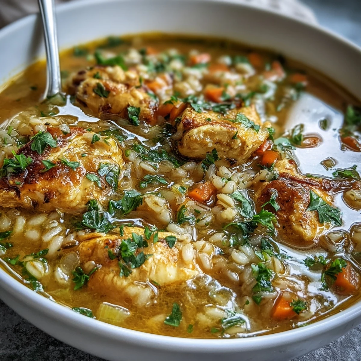 A close-up of Soothing Turmeric Chicken With Pearl Barley, featuring tender chicken and golden broth in a rustic bowl.