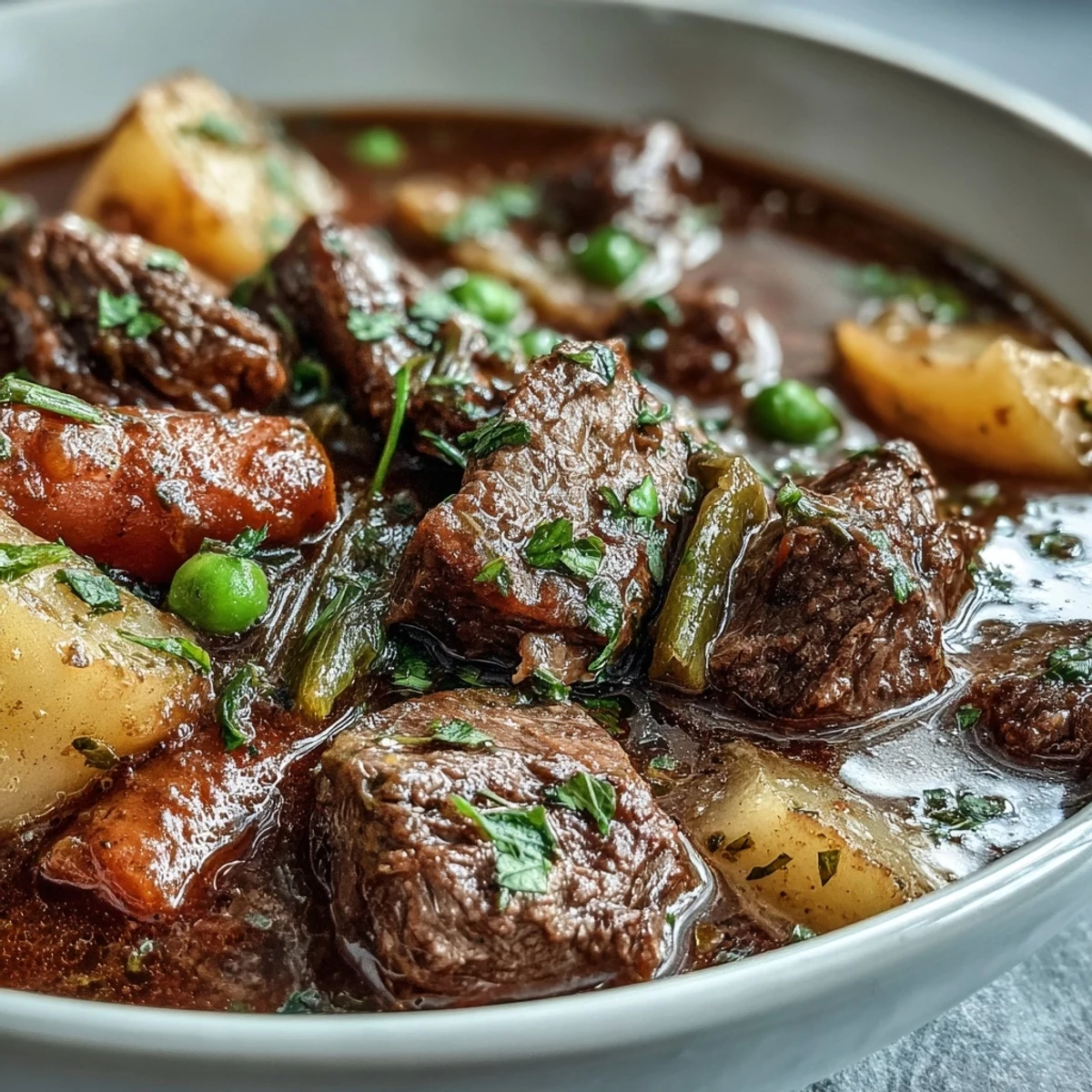 Steaming bowl of Beef and Vegetable Soup filled with tender beef chunks, potatoes, and vibrant carrots in a savory broth.