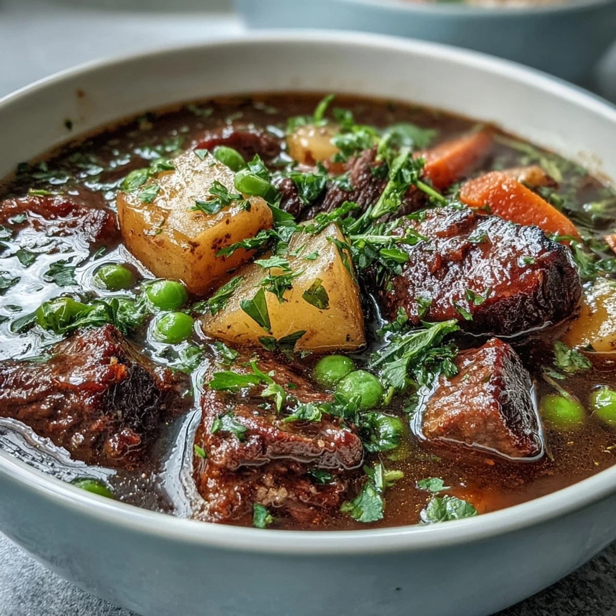 Hearty Beef and Vegetable Soup simmering on the stove, featuring green beans, peas, and carrots in a rich, aromatic broth.