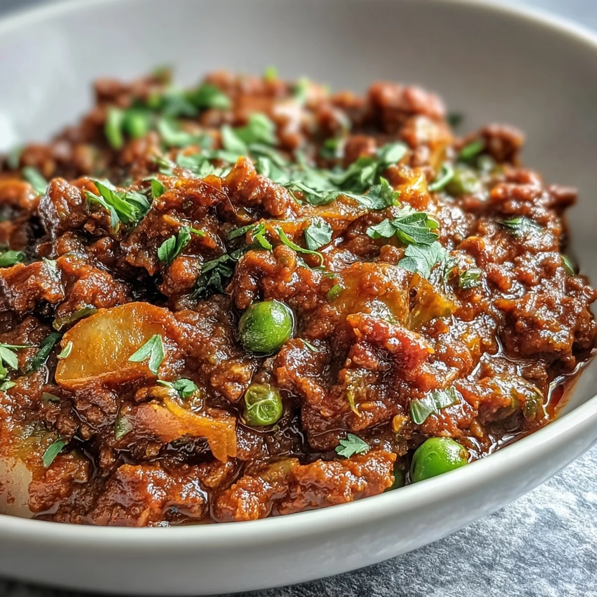 Steaming bowl of Venison Keema Curry served over fluffy basmati rice with fresh cilantro garnish.