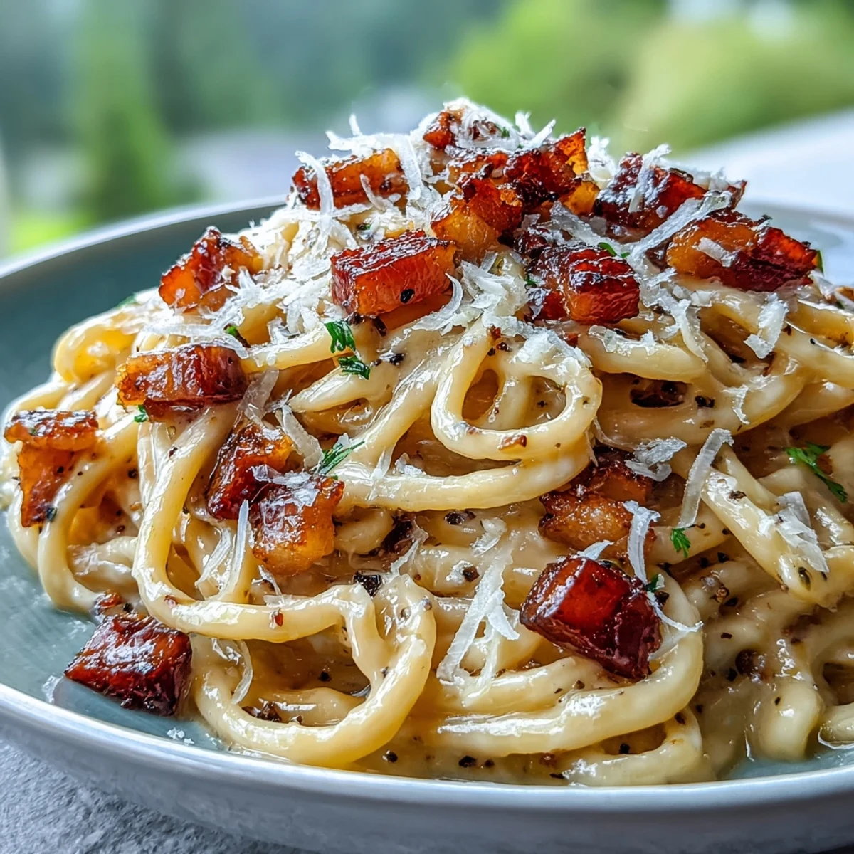 Spiralised celeriac noodles coated in creamy egg sauce, topped with crispy pancetta and freshly grated Parmesan, served warm.  