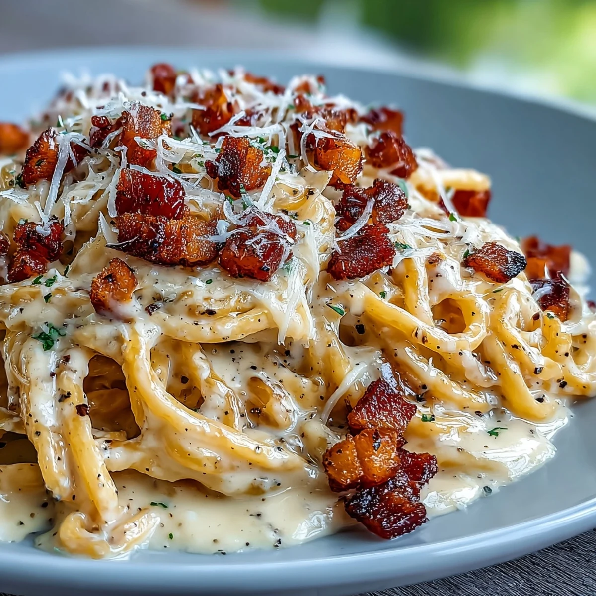 A close-up of Celeriac Carbonara showing golden pancetta bits and shiny noodles on a white plate, garnished with cracked black pepper.  