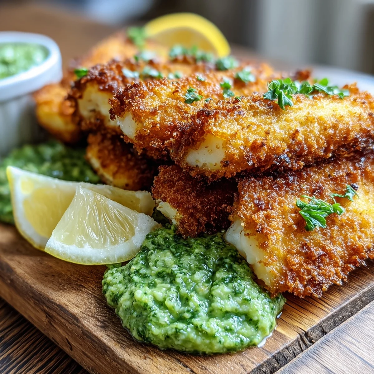 Crispy baked Haddock Goujons With Parmesan Crust and Pea Pesto on a plate, garnished with lemon wedges for a bright, fresh finish.