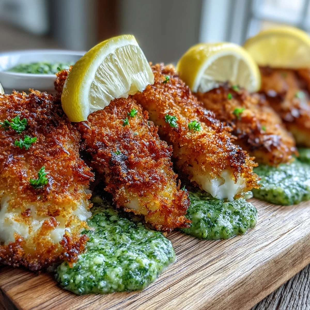 Plated Haddock Goujons With Parmesan Crust and Pea Pesto with a side salad, showcasing the crunchy coating and creamy, herby dip.