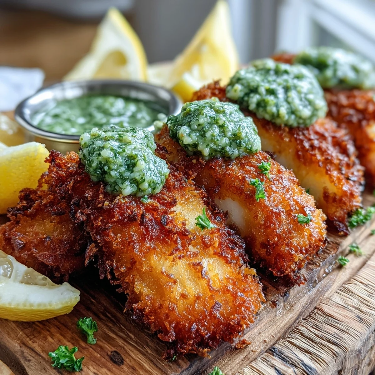 Golden Haddock Goujons With Parmesan Crust and Pea Pesto served beside vibrant green pea pesto, perfect for a family weeknight dinner.