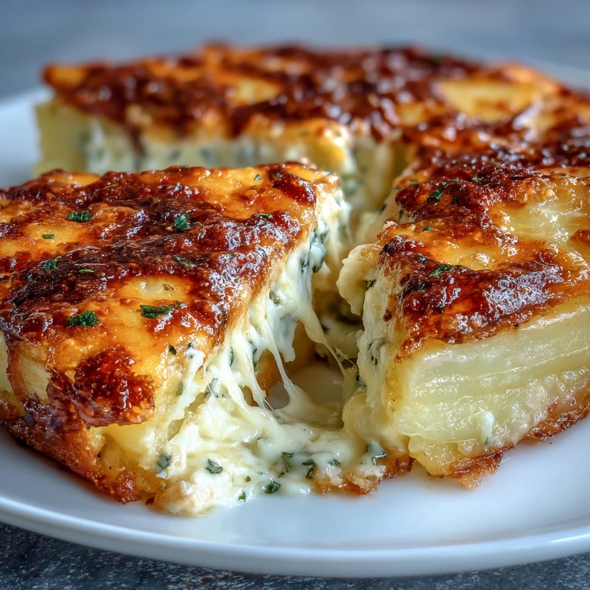 Freshly baked Cheese and Potato Pie with golden, bubbling Gruyère and cheddar topping from the oven.