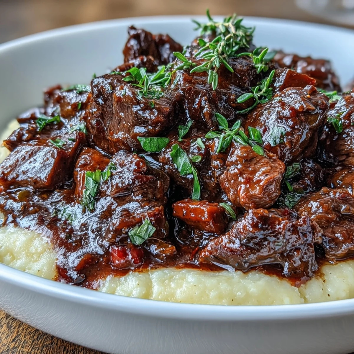 A warming bowl of Venison Stew with Sloe Gin and Polenta, perfect for a cozy winter dinner.  
