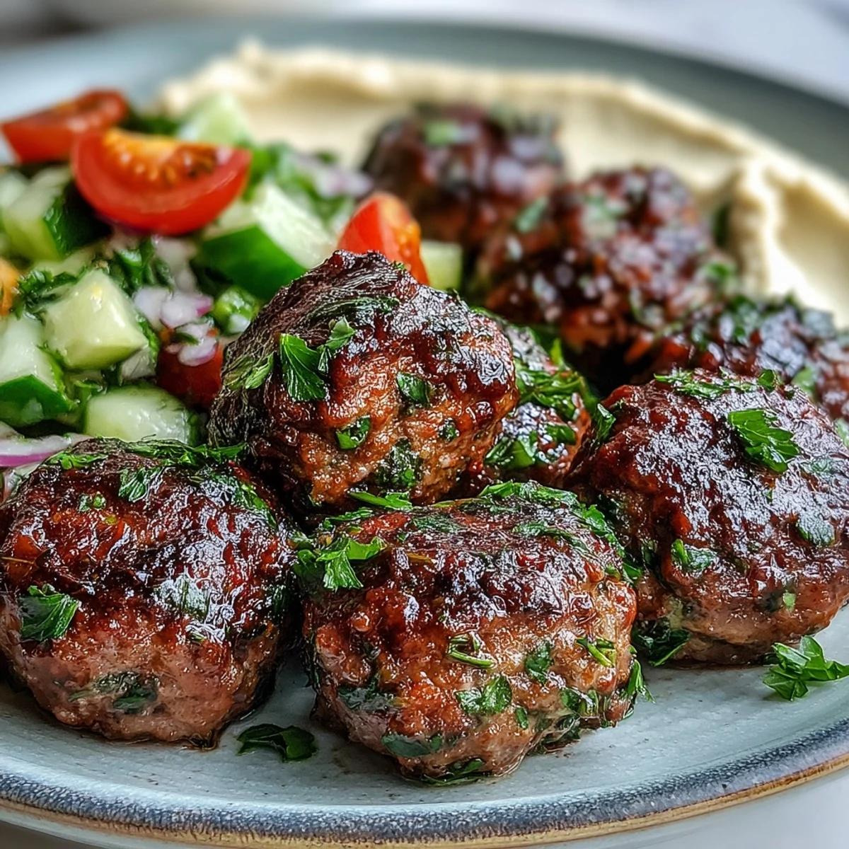 Perfectly browned venison meatballs with warming spices, served over a vibrant spiced salad alongside creamy, smooth hummus.