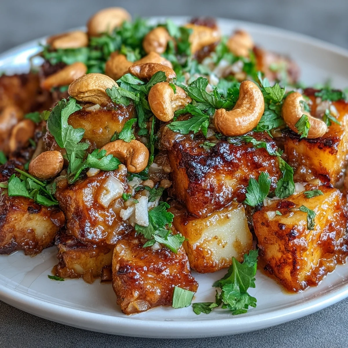 Roasted golden celeriac cubes simmer in a creamy coconut curry sauce, garnished with fresh cilantro and toasted nuts for a hearty vegetarian main.