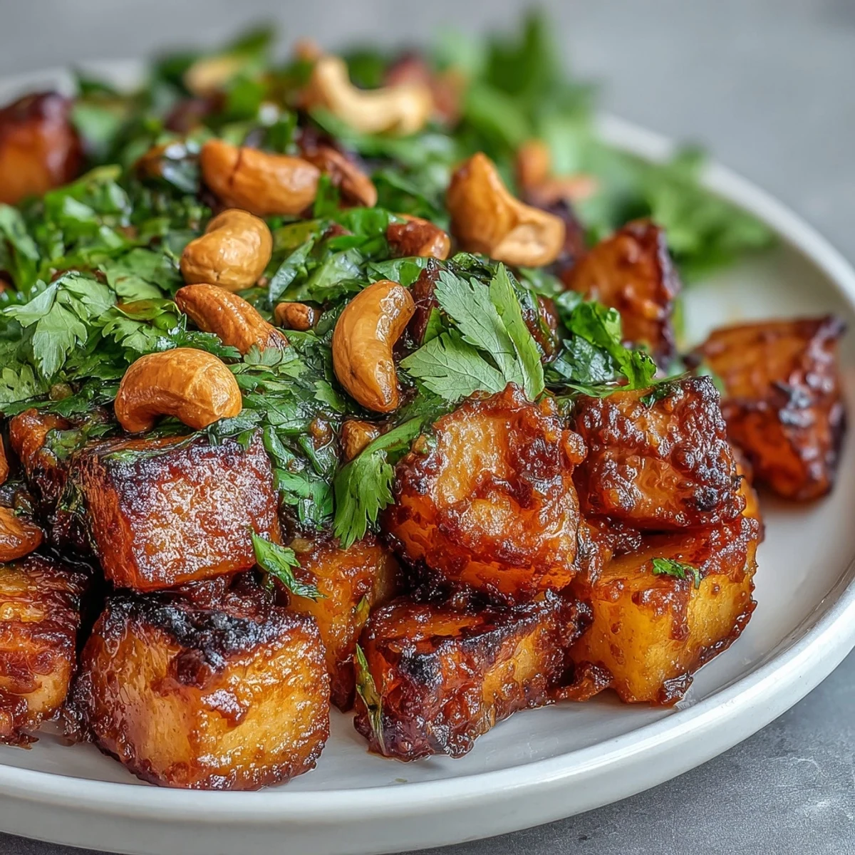 A skillet of fragrant Curried Celeriac with golden roasted root vegetable chunks, served warm as a vibrant side dish with a luscious curry sauce.
