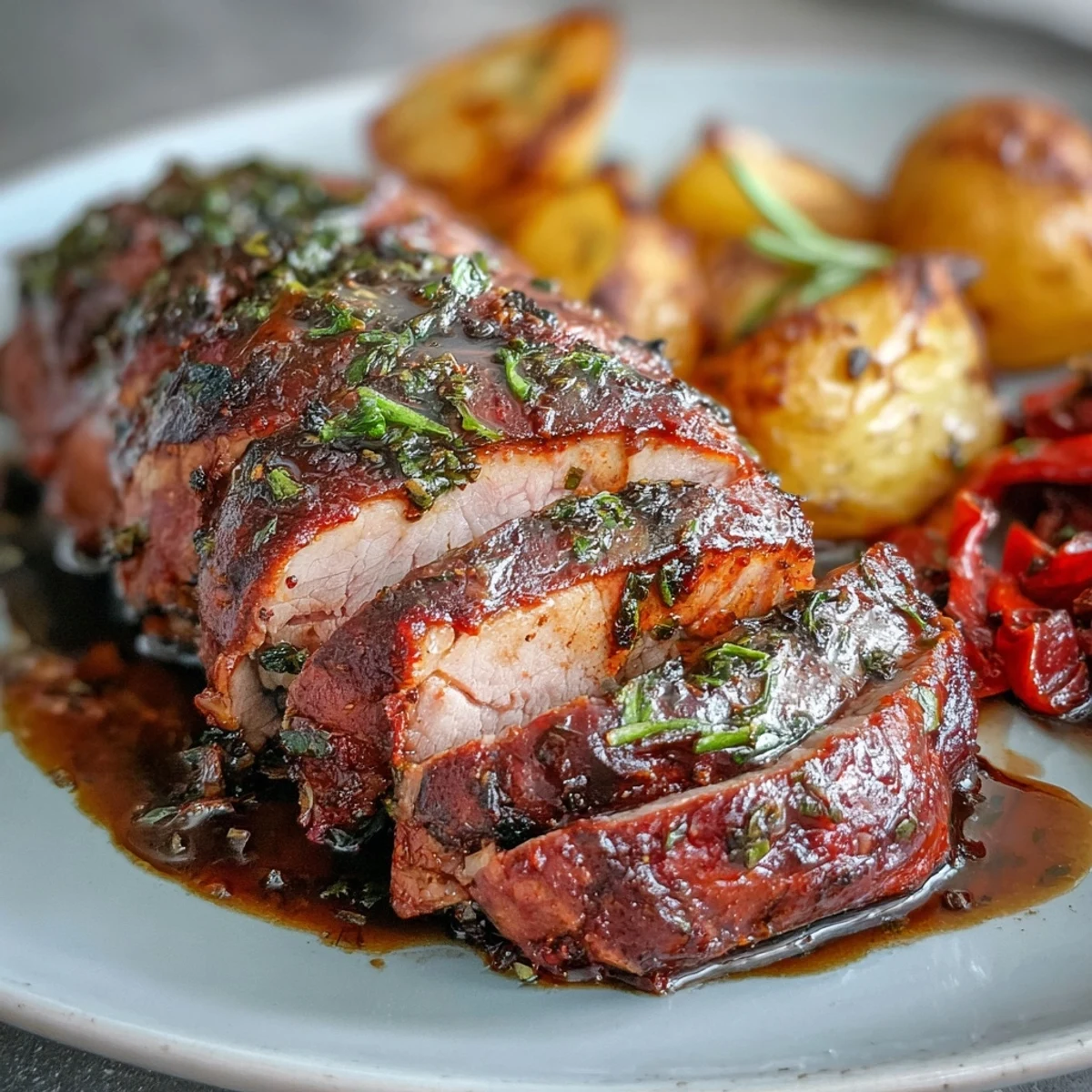 Sliced marinated Ibérico pork fillet beside golden roast potatoes and sweet roasted red peppers on a rustic platter.