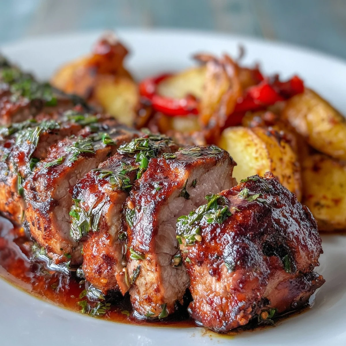 Garlic-rosemary Ibérico pork fillet sliced, served with crispy smoked paprika potatoes and tender caramelized red peppers.