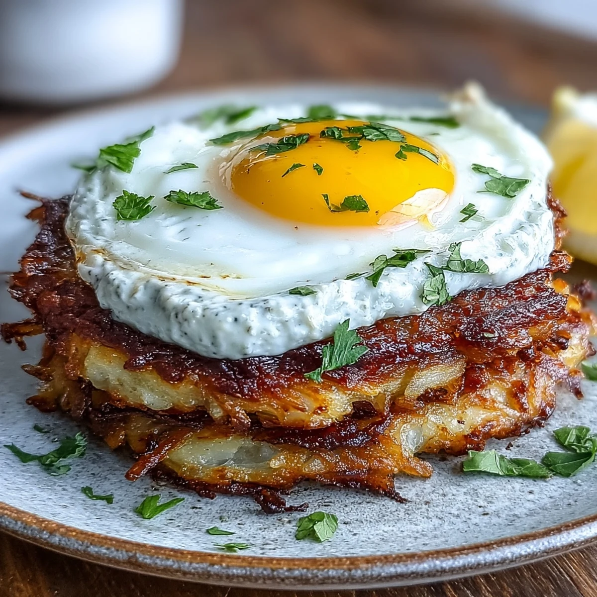 Golden-brown celeriac rösti topped with a dollop of spicy harissa yogurt and a sunny-side-up fried egg.  