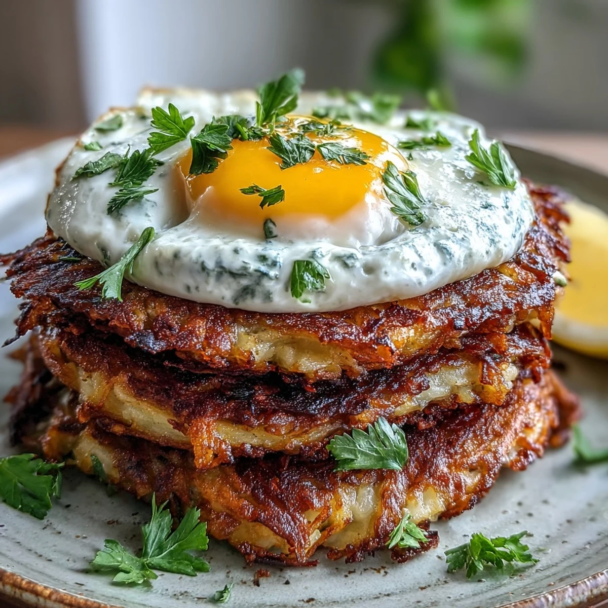 Crispy celeriac and potato rösti served with vibrant harissa yogurt and a runny yolk fried egg.  