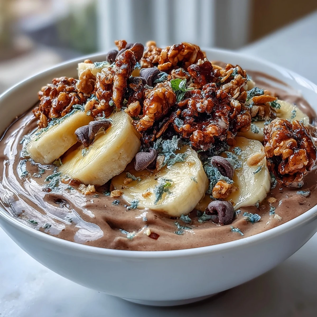 Vibrant Chunky Monkey Smoothie Bowls topped with granola and sliced bananas for a healthy breakfast.