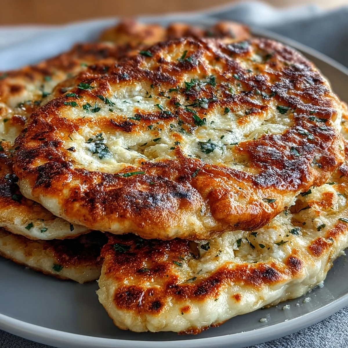 Freshly baked The Best Easy Garlic Naan Bread bubbling in a hot skillet with golden-brown spots.