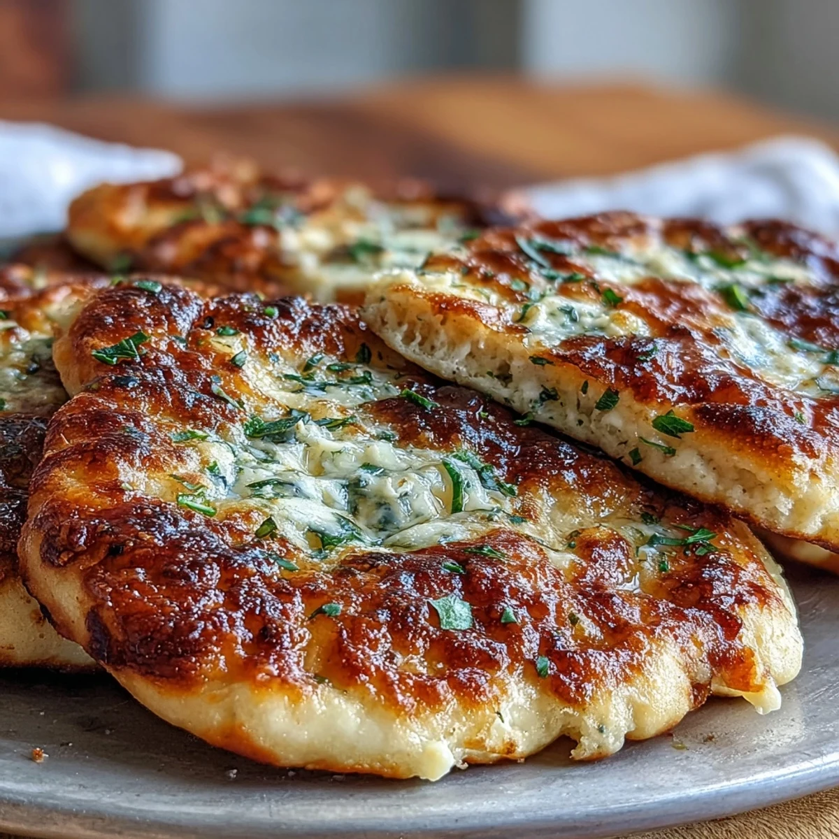 Warm The Best Easy Garlic Naan Bread brushed generously with melted butter and minced garlic.