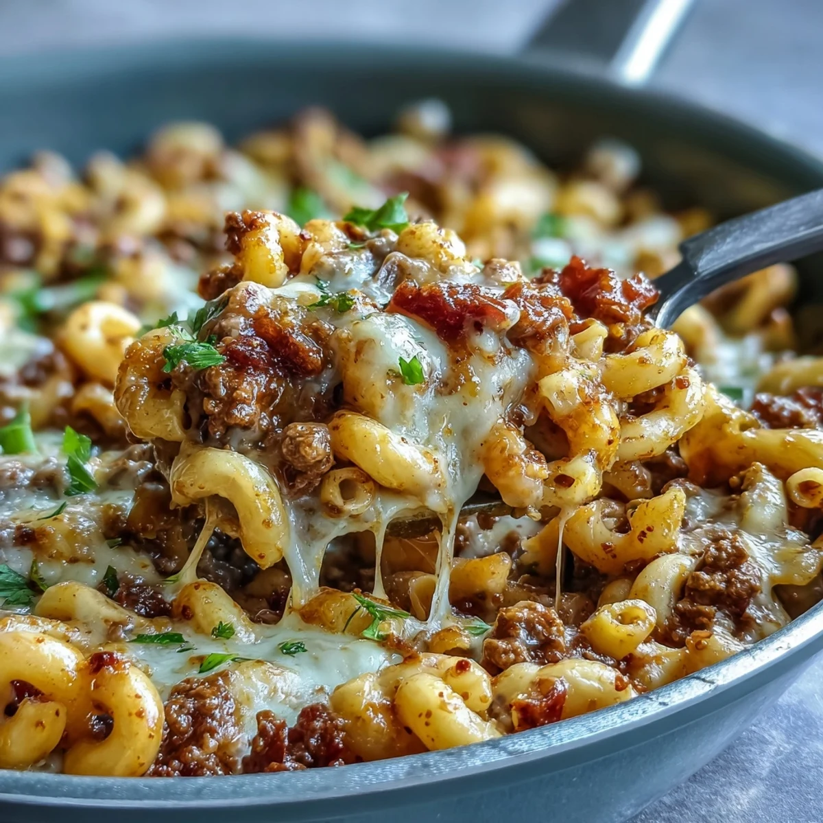 Steaming One-Pan High Protein Chili Mac with melted cheddar cheese, ready to serve.
