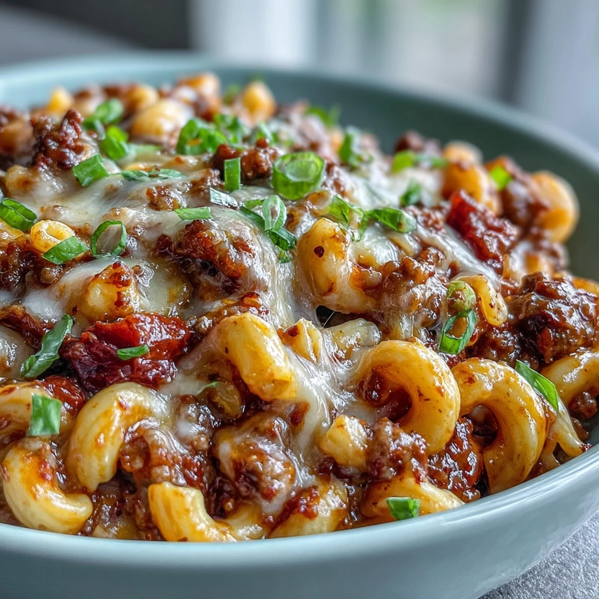 Skillet of creamy One-Pan High Protein Chili Mac with ground beef and beans.