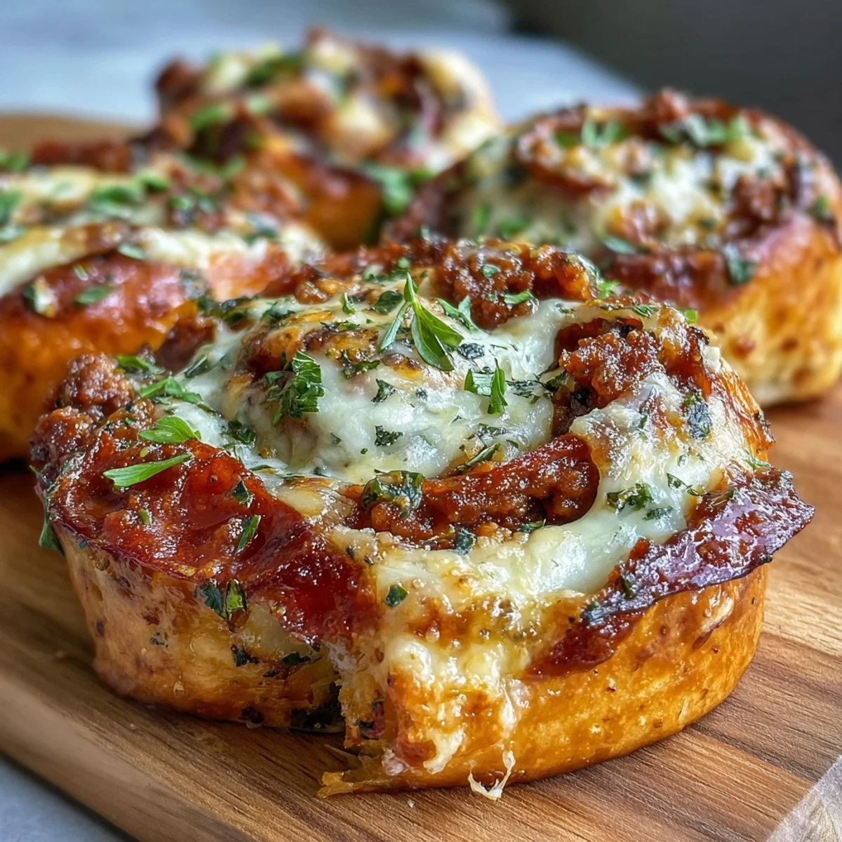 Freshly sliced Irresistible High Protein Pepperoni Pizza Rolls showing layers of lean beef, turkey pepperoni, and cheese inside.
