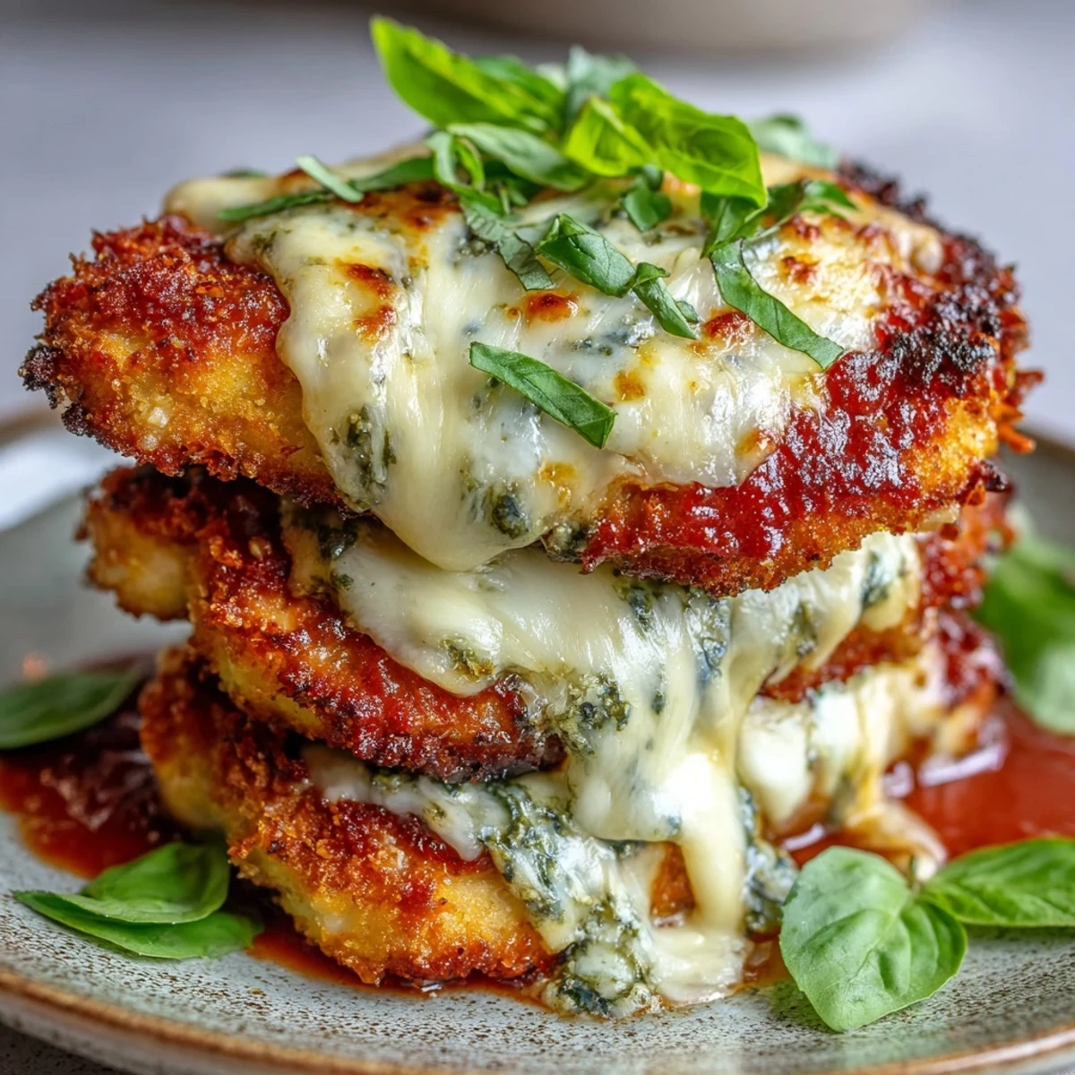 Freshly grated Parmesan and basil leaves garnish this hearty Pesto Chicken Parmesan, served hot alongside pasta.