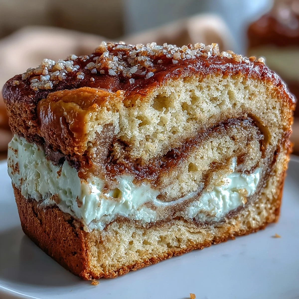 A thick slice of Cream Cheese Cinnamon Swirl Banana Bread served on a white plate, showcasing the rich cream cheese layer.