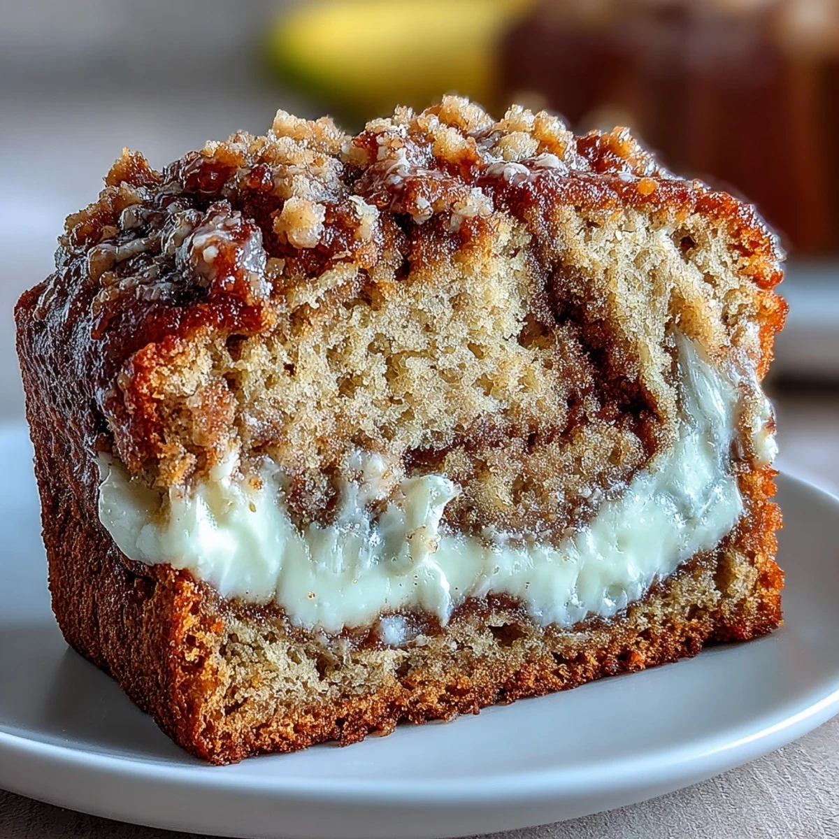 Golden loaf of Cream Cheese Cinnamon Swirl Banana Bread cooling on a wire rack with cinnamon sticks and ripe bananas nearby.