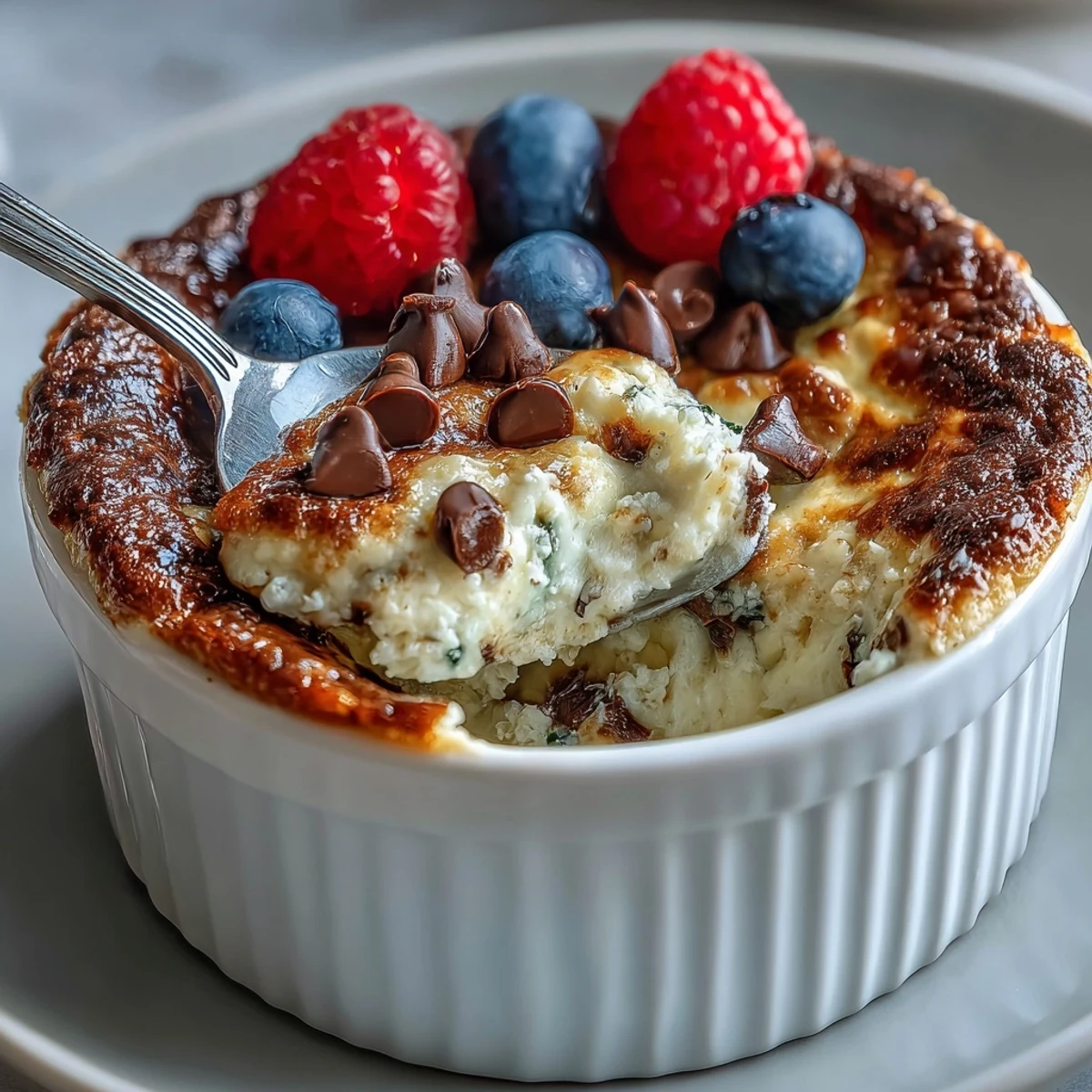 Warm Baked Protein Pancake Bowl topped with peanut butter and maple syrup at breakfast.