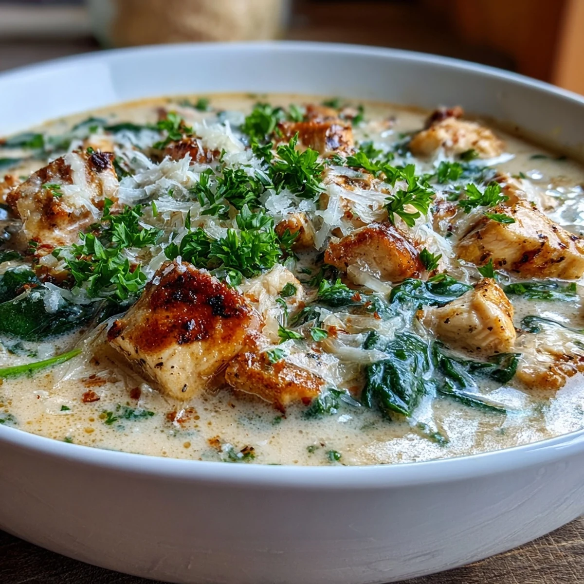 Creamy Garlic Parmesan Chicken Soup simmering in a pot with tender chicken cubes and fresh spinach.