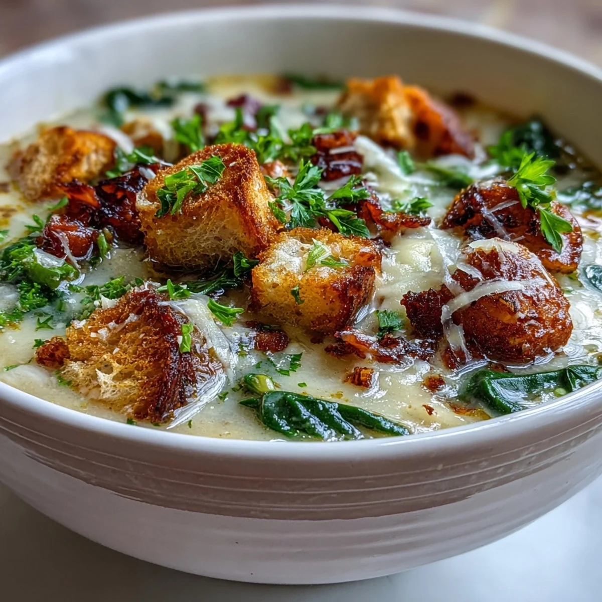 Spoon lifting a rich, velvety serving of Garlic Parmesan Chicken Soup from a white bowl.