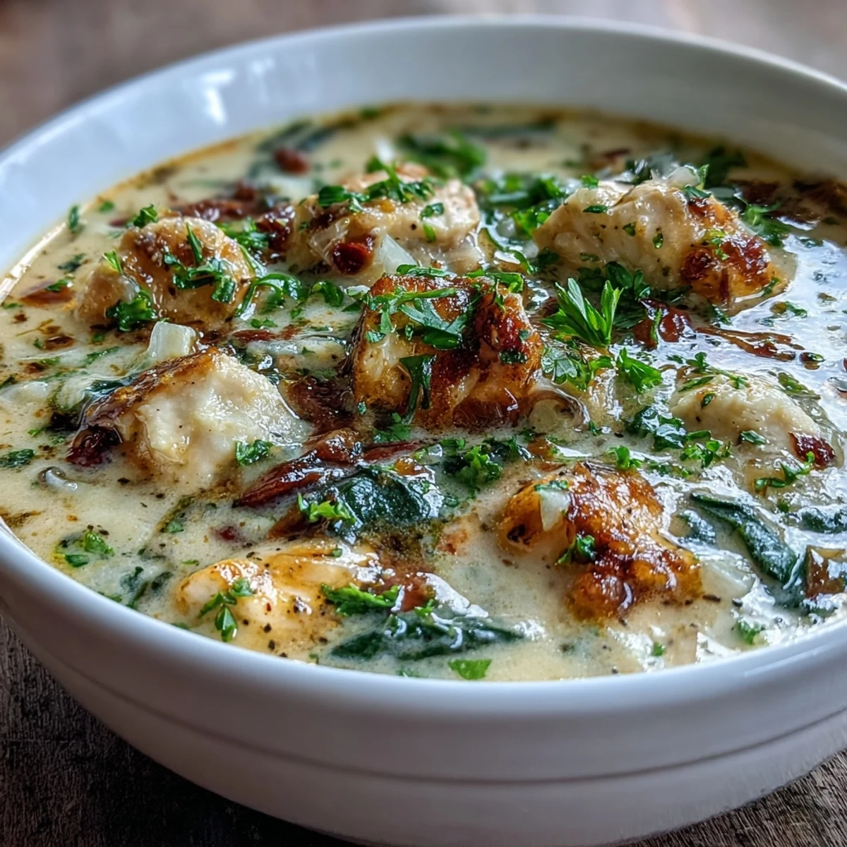 Garlic Parmesan Chicken Soup garnished with parsley and extra Parmesan, served in a rustic bowl.