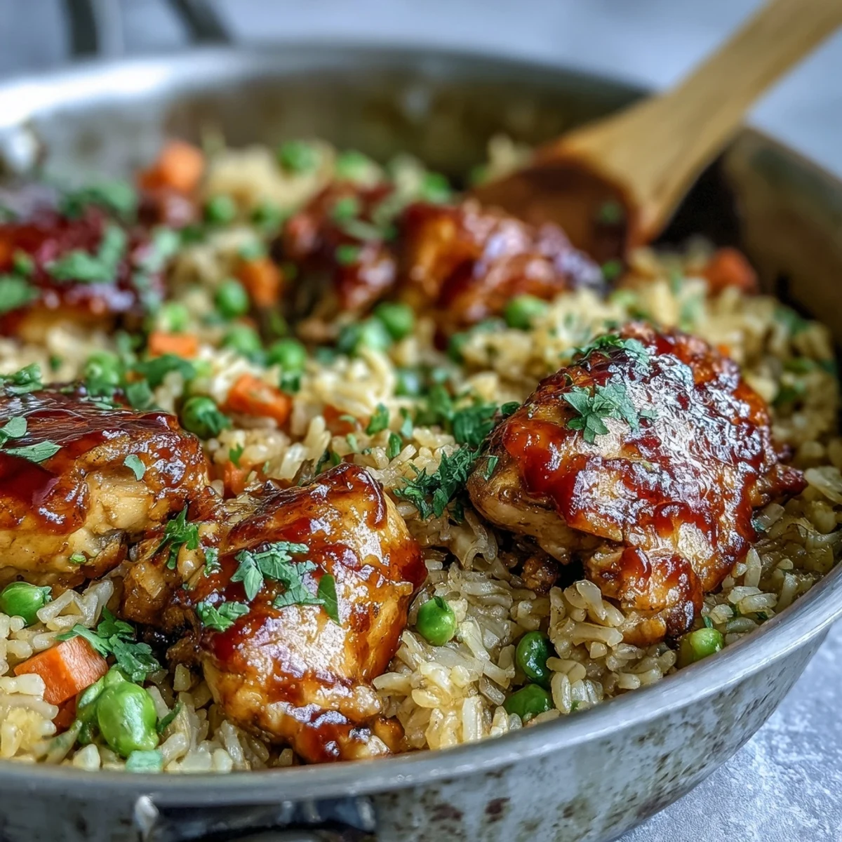A close-up of One-Pan Bold Honey BBQ Chicken Rice reveals sticky honey BBQ glaze coating juicy chicken thighs and fluffy long-grain rice.