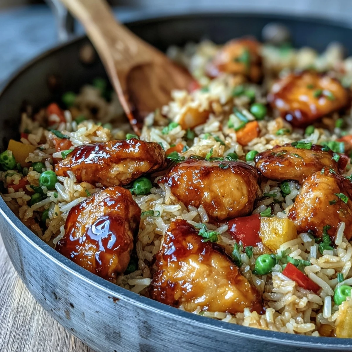 Sizzling hot One-Pan Bold Honey BBQ Chicken Rice is plated with fresh lime wedges, ready for a quick and hearty family dinner.