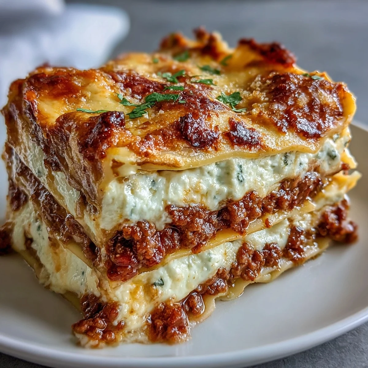 Golden-brown, bubbly World's Best Lasagna fresh from the oven, with melted mozzarella and Parmesan topping perfectly cut layers.