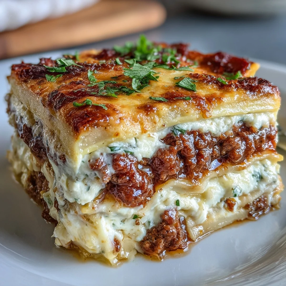 Close-up of World's Best Lasagna showing rich meat sauce, creamy ricotta, and tender noodles on a rustic wooden table.