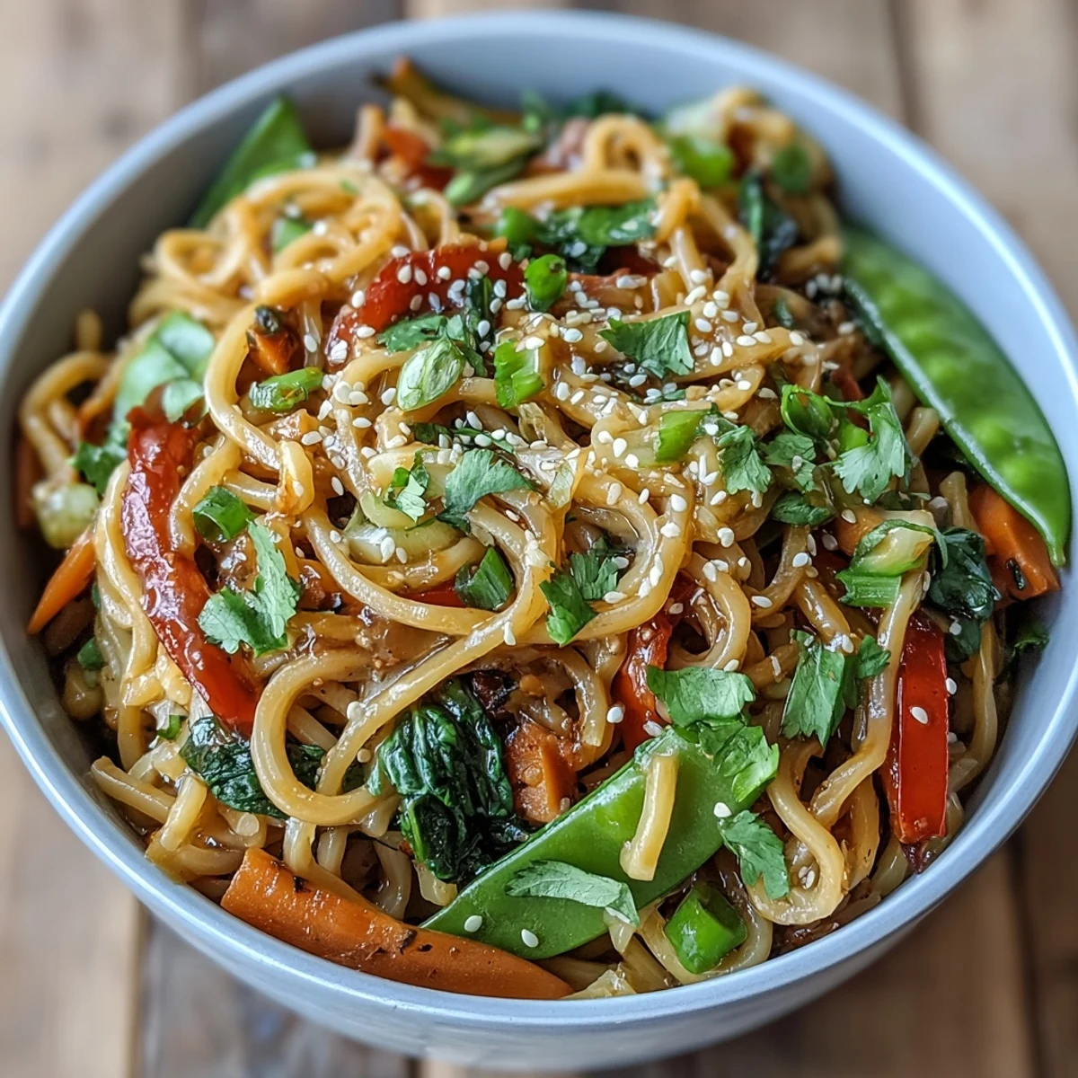 Fragrant ginger sauce coats low-carb shirataki noodles and crisp vegetables in a colorful bowl topped with toasted sesame seeds and fresh cilantro.